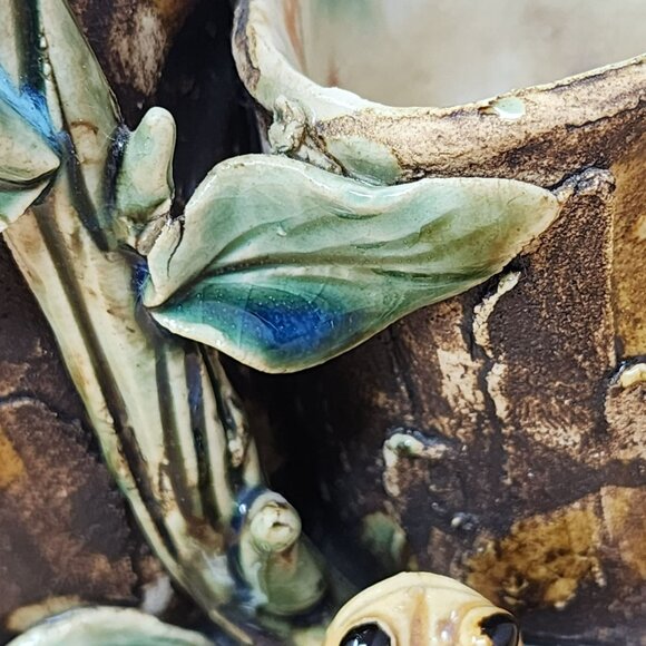 Vintage Majolica Style Ceramic Frog Tree Stump Art Pottery Planter - Picture 8 of 11